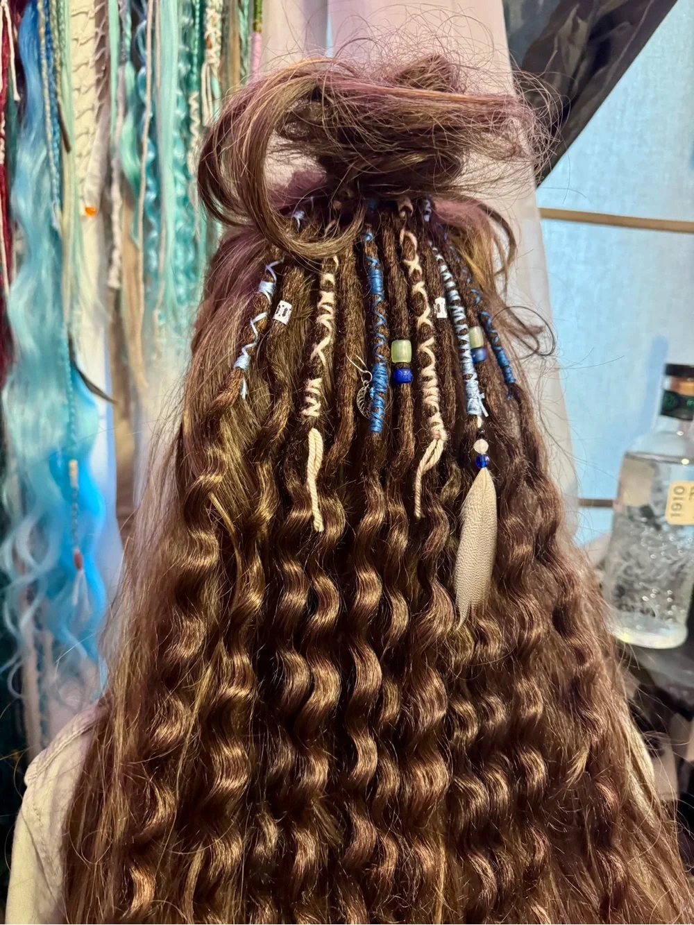 Boho Curly Brown Hair Extensions with Blue Bead Accents